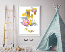 Girls Floral Monogram Sign Floral Letter Typography Name Personalized Print Kids Room Nursery Art Physical A4 Print Floral Wall Decor