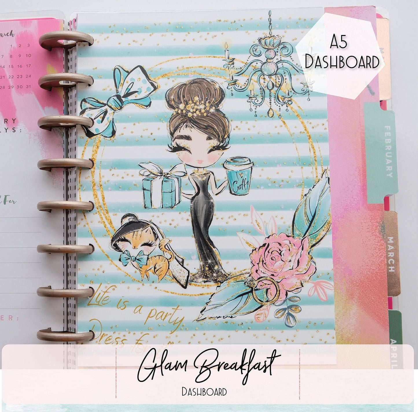 Audrey Hepburn Breakfast Glam A5 Planner Dashboard Insert Set Journaling Card Punched HP or 6 Hole