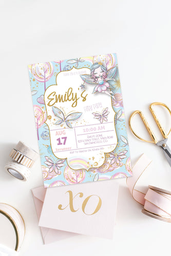 Girls Birthday Party Invitation, Fairy Celebration Printable Download Gold Glitter Rainbow Butterfly, Customised Invite