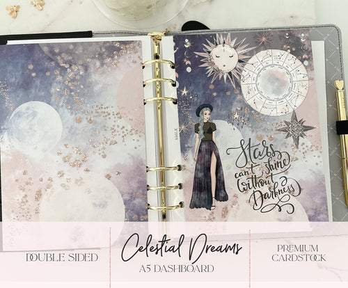 A5 Planner Cover Dashboard, Celestial Design, Insert Set Journaling Card Punched HP or 6 Hole, Double sided