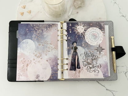 A5 Planner Cover Dashboard, Celestial Design, Insert Set Journaling Card Punched HP or 6 Hole, Double sided