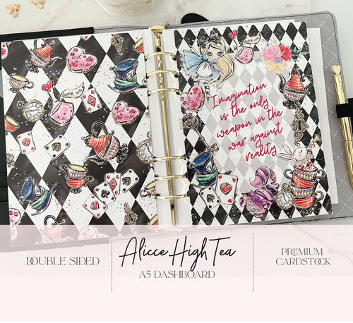 Alice High Tea A5 Planner Dashboard Insert Set Journaling Card Punched HP or 6 Hole - Double sided